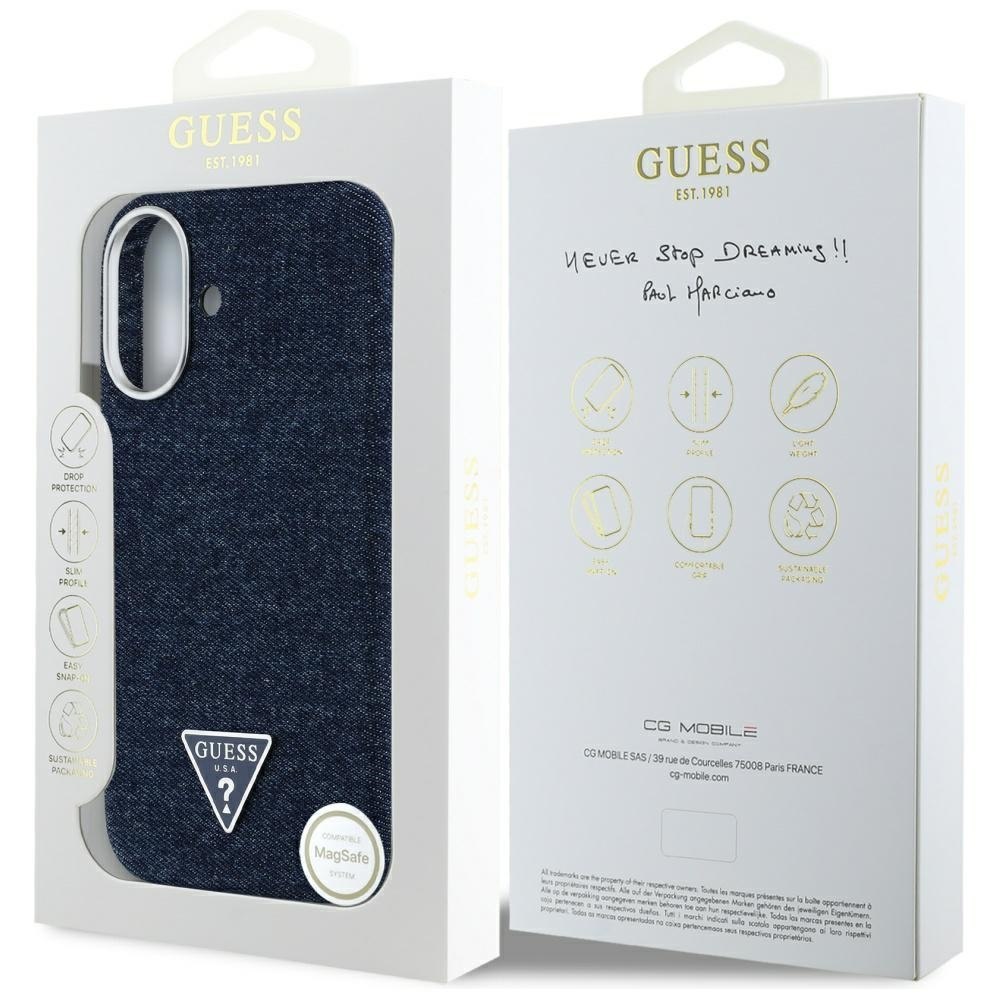 Etui Guess Denim Triangle Logo MagSafe do iPhone 16 niebieski